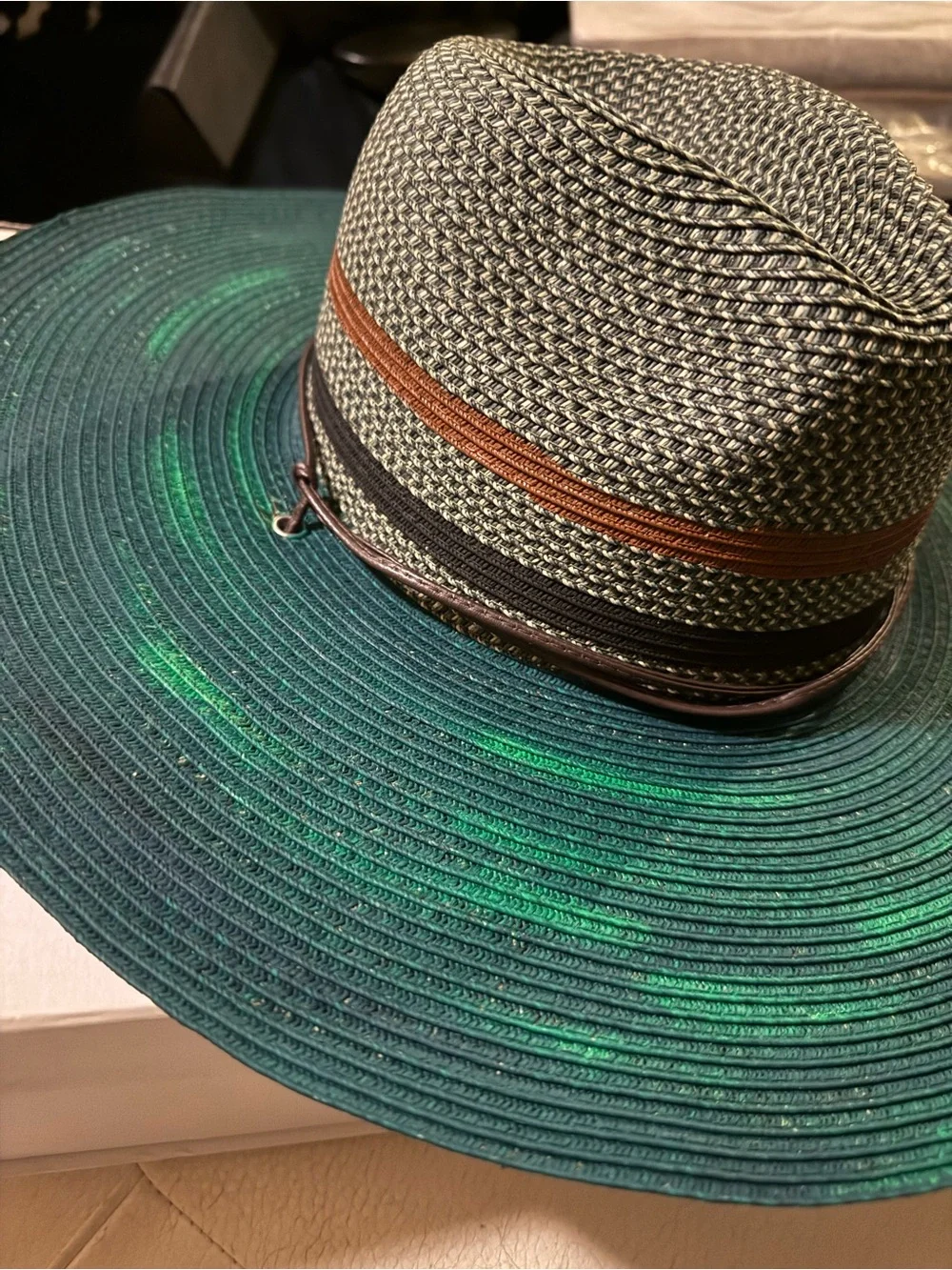 San Diego hand painted Wide-Brim Straw Fedora Hat - Green with Brown Trim
